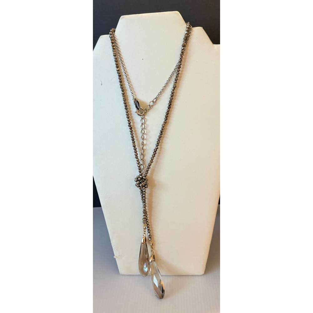 Chicos Lariat Necklace Gray Beaded Smoky Teardrop Pendants Statement Piece